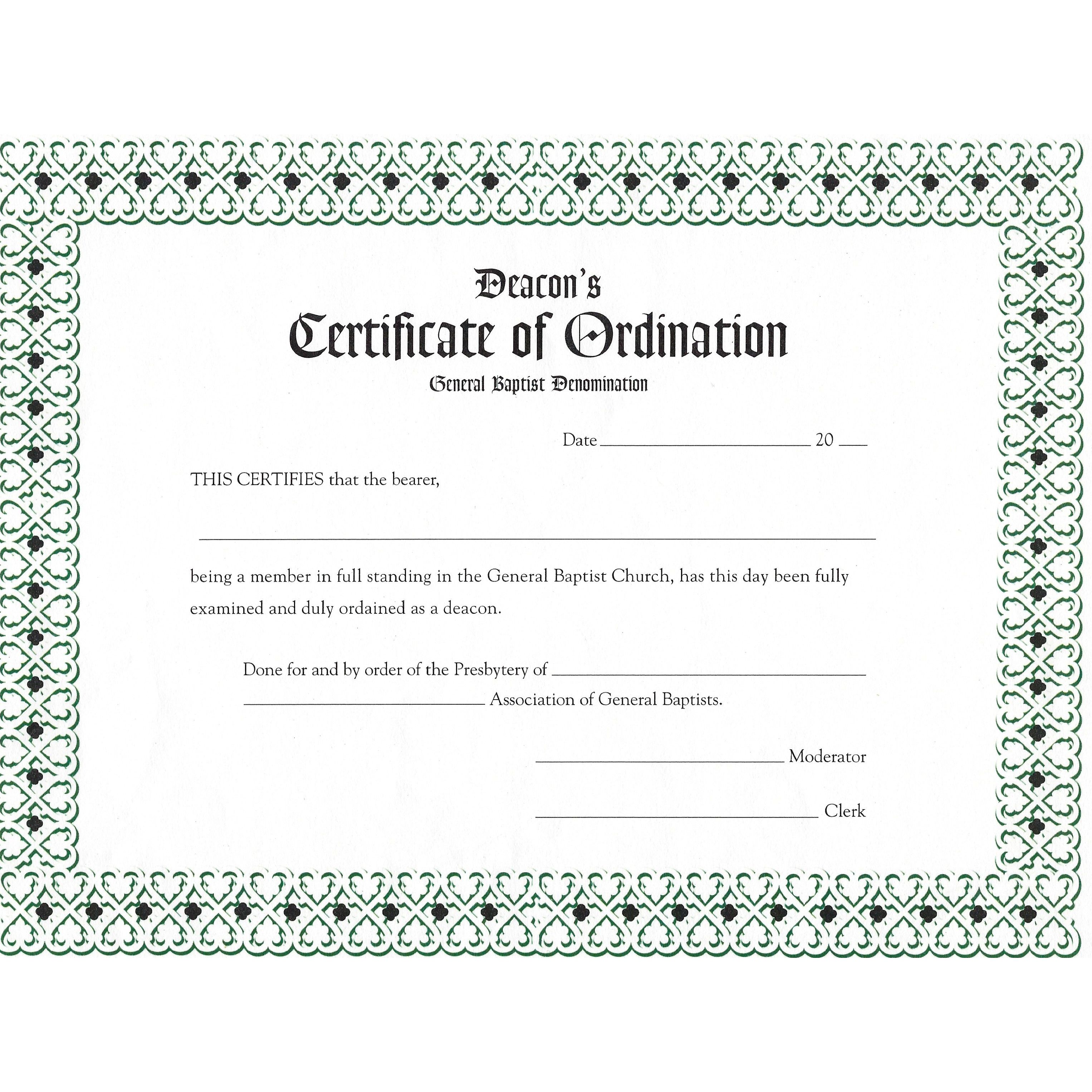 General Baptist Items Deacons's Certificate of Ordination (8.5" x 11")